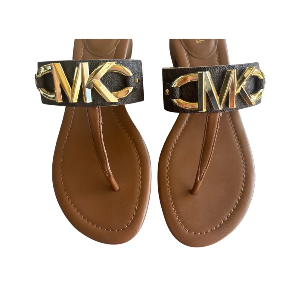 Michael Kors Sz 9 MK Izzy Logo Embellished Print Canvas Sandals - Picture 2 of 10